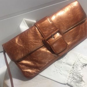 Hobo bronze/orange patent type leather wristlet check wallet.